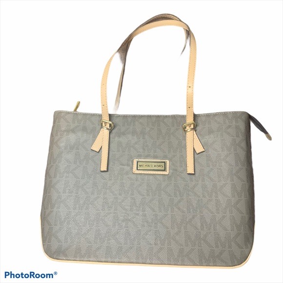 MICHAEL KORS BROWN CREAM TOTE LARGE LOGO BAG PURSE - Picture 5 of 14